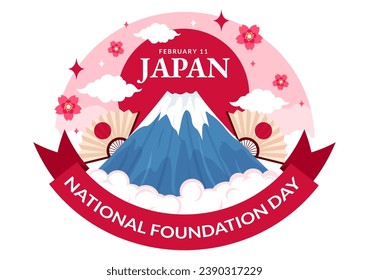 Feliz 11 de febrero, ilusión vectorial del Día Nacional de la Fundación de Japón con famosos monumentos japoneses y bandera con fondo de caricatura plana infantil