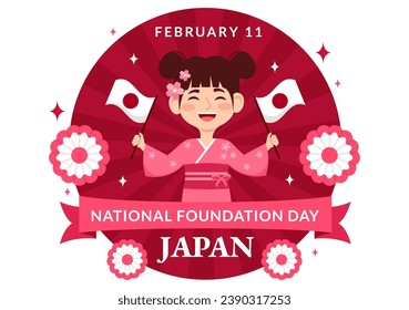 Happy Japan National Foundation Day Vector Illustration on February 11 with Famous Japanese Landmarks and Flag in Flat Kids Cartoon Background