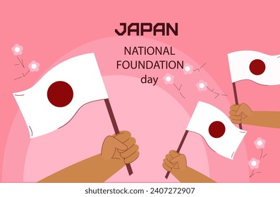 Feliz Día Nacional de la Fundación de Japón. El hombre sostiene la bandera nacional de Japón. Ilustración vectorial en estilo doodle plano.