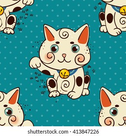 Happy Japanese cat Maneki-neko flowered. Traditional mascot in the style of old school tattoos. Amulet for good wishes, print on t-shirt.Texture for wrapping paper, textile, surface design, fashion.