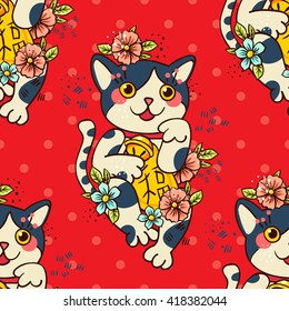 Happy Japanese Cat Maneki-neko Flowered. Traditional Mascot In The Style Of Old School Tattoos. Amulet For Good Wishes, Print On T-shirt.Texture For Wrapping Paper, Textile, Surface Design, Fashion.