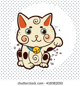 Happy Japanese cat Maneki-neko. Traditional mascot in the style of old school tattoos. Amulet for design of cards, good wishes, print on t-shirt