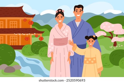 Happy Japanese family in traditional kimonos. Asian landscape. National house. Oriental culture. Garden with cherry blossoms trees. Parents together with daughter. Garish