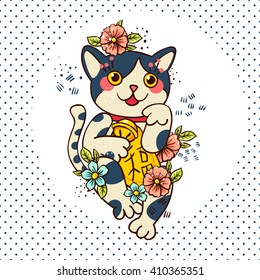 Happy Japanese folklore cat Maneki-neko flowered. Traditional talisman Maneki mascot in the style of old school tattoos.Cat day. Maneki Amulet for design of cards, good wishes, print on t-shirt