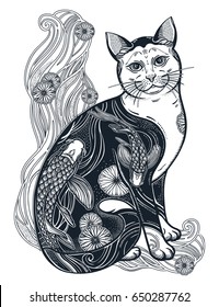 Happy Japanese folklore cat with traditional flower and fish tattoo. Inside ink art of fish (Koi carp).Symbol of harmony, luck. Vector illustration isolated. Spiritual art for tattoo, coloring book.


