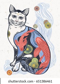 Happy Japanese folklore cat with traditional flower and fish tattoo. Inside ink art of fish (Koi carp). Symbol of harmony, luck. Vector illustration isolated. Spiritual art for tattoo, coloring book

