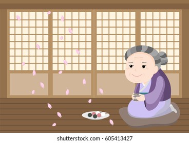 Happy Japanese kimono old woman sitting in Japan style house. Japanese grandma sitting and watching a cherry blossom flower falling.