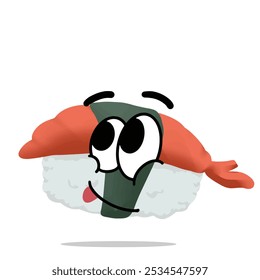 Ilustración de personaje de mascota de sushi japonés feliz. concepto lindo, juguetón, sabroso y delicioso. comida asiática tradicional, cocina japonesa, chapado y temas de mariscos