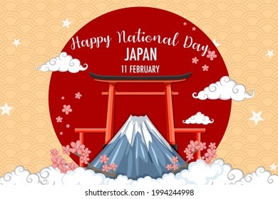 Happy Japan's National Day on February 11th banner with Mount Fuji on Red Sun illustration