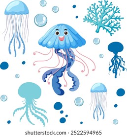 Happy jellyfish with bubbles and coral