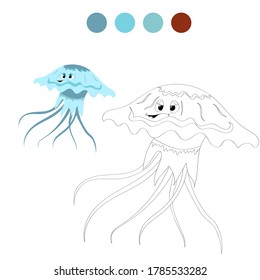 Happy jellyfish cartoon image. Coloring book page with isolated medusa on a white background 