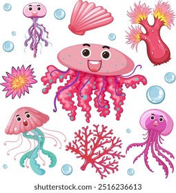 Happy jellyfish and coral in vibrant colors