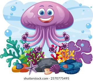 Happy jellyfish surrounded by colorful underwater life