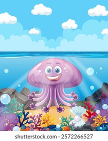 Happy jellyfish surrounded by colorful underwater scenery