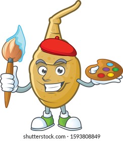 Happy jerusalem artichoke painter cartoon icon with brush