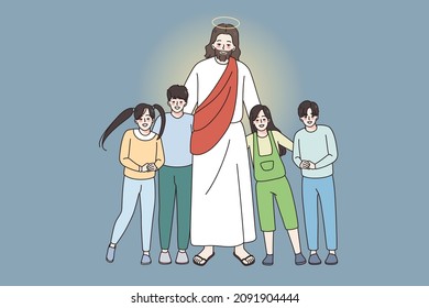 Happy Jesus hug cuddle small smiling children show love and care. Attentive Christ embrace little kids. Christianity religion. Faith and superstition concept. Vector illustration, cartoon character. 