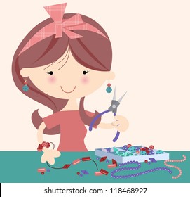 Happy Jeweller Designer Cheerful cute female with beads and jewellery pliers