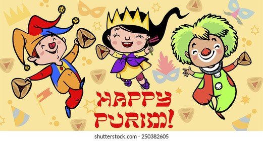 Happy jewish children in fancy dress dance and injoy Purim