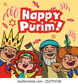 Happy jewish children in fancy dress Enjoy Purim