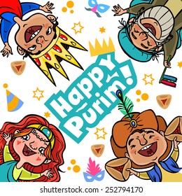 Happy jewish children in fancy dress Enjoy Purim