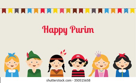 Happy jewish children in fancy dress enjoying Purim