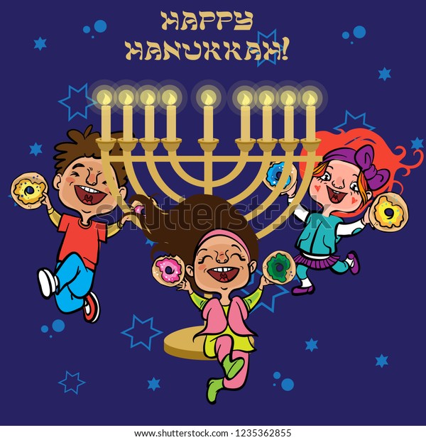 Happy Jewish Children Smile Dancing Donuts Stock Vector (Royalty Free ...