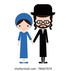 Happy jewish couple in traditional clothes. Bearded man in eyeglasses and hat with a religion woman. Israel orthodox family