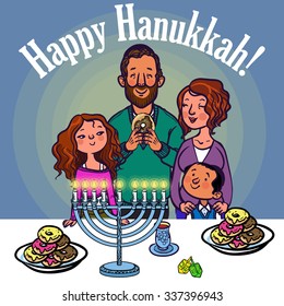 happy jewish family celebrating Hanukkah. vector illustration