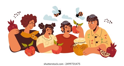 Happy Jewish family with children celebrate Rosh Hashanah, flat vector illustration isolated on white background. Design for greeting cards and banners.