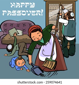 Happy jewish family clean house before Pesah