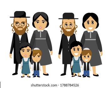 Happy jewish family in national dress. Ethnic. Children and parents. Parenting. Father, mother, kids, son, daughter. Dad, daddy. Mom. Kid. Brother, sister. Siblings. Husband, wife. Boy, girl. Couple.