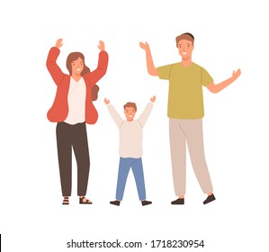 Happy Jewish Family Standing Together With Raised Hands. Smiling Parents And Child Isolated On White Background. Colorful Vector Illustration In Flat Cartoon Style