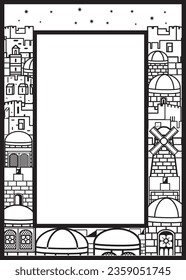 Happy Jewish Holiday greeting card sign poster frame. Jerusalem roofs of houses mill David old city cityscape vintage frame print, traditional symbols decoration Torah design place for text template