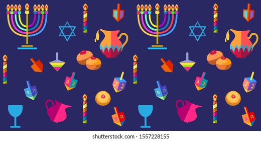 Happy Jewish Holiday Hanukkah festival of lights decoration traditional symbols, menorah hanukkiah candlestick candle, donuts, dreidel, star of David on blue background vector icon template chanukkah 