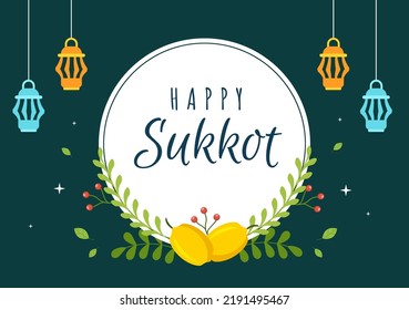 Happy Jewish Holiday Sukkot Hand Drawn Cartoon Flat Illustration with sukkah, etrog, lulav, Arava, Hadas and Decoration Background Design