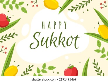 Felices vacaciones judías Sukkot Dibujo a mano Ilustración plana con sukkah, etrog, lulav, Arava, Hadas y diseño de fondo de decoración