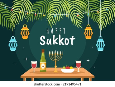 Happy Jewish Holiday Sukkot Hand Drawn Cartoon Flat Illustration with sukkah, etrog, lulav, Arava, Hadas and Decoration Background Design