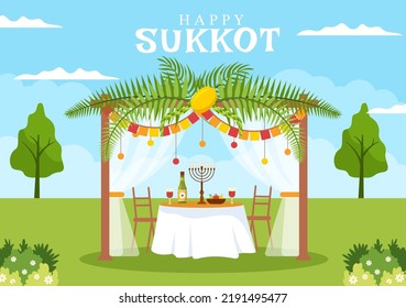 Happy Jewish Holiday Sukkot Hand Drawn Cartoon Flat Illustration with sukkah, etrog, lulav, Arava, Hadas and Decoration Background Design