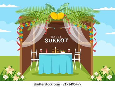 Happy Jewish Holiday Sukkot Hand Drawn Cartoon Flat Illustration with sukkah, etrog, lulav, Arava, Hadas and Decoration Background Design