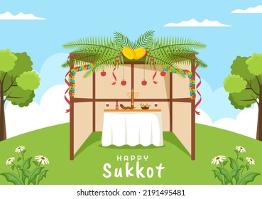 Happy Jewish Holiday Sukkot Hand Drawn Cartoon Flat Illustration with sukkah, etrog, lulav, Arava, Hadas and Decoration Background Design