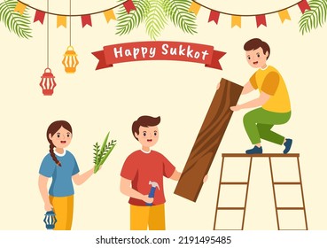 Happy Jewish Holiday Sukkot Hand Drawn Cartoon Flat Illustration with sukkah, etrog, lulav, Arava, Hadas and Decoration Background Design