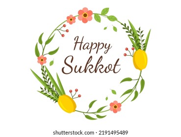 Happy Jewish Holiday Sukkot Hand Drawn Cartoon Flat Illustration with sukkah, etrog, lulav, Arava, Hadas and Decoration Background Design