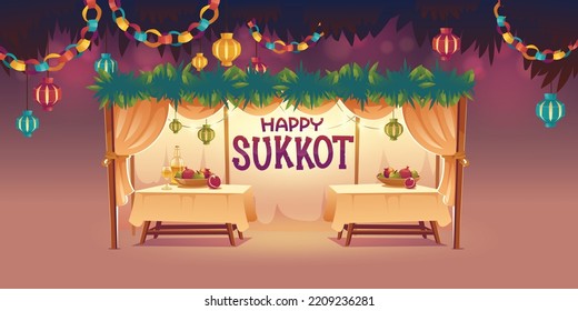 Happy Jewish Holiday Sukkot Hand Drawn Cartoon Flat Illustration with a sukkah.