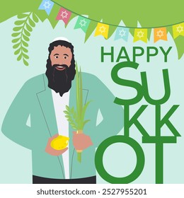 Happy jewish man celebrating Sukkot. Etrog, lulav. Israel creative vector illustration 