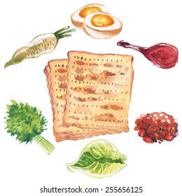 Happy Jewish Passover greeting card. Watercolor icon set isolated background