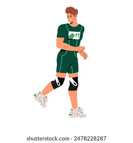 Happy jogger running in marathon, looks back. Professional runner is in cardio training. Young athlete does workout. Sporty man in sportswear jogging, goes sport. Flat isolated vector illustration