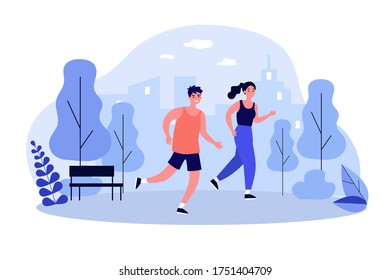 Happy joggers running at park flat vector illustration. Cartoon runners jogging marathon together. Sport, fitness and healthy lifestyle concept