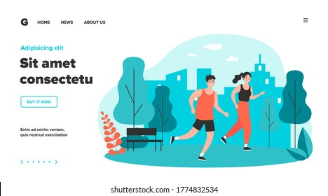 Happy joggers running at park flat vector illustration. Cartoon runners jogging marathon together. Sport, fitness and healthy lifestyle concept