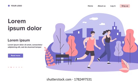 Happy joggers running at park flat vector illustration. Cartoon runners jogging marathon together. Sport, fitness and healthy lifestyle concept