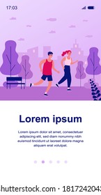 Happy joggers running at park flat vector illustration. Cartoon runners jogging marathon together. Sport, fitness and healthy lifestyle concept